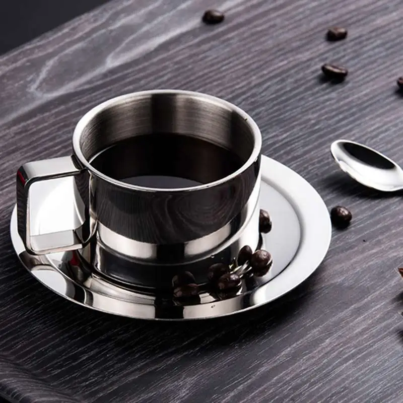 200ml de Aço Inoxidável Copo Café Espresso Pires Colher Conjunto 304 Parede Dupla Isolamento Térmico Leite Caneca Drinkware Dropshippin