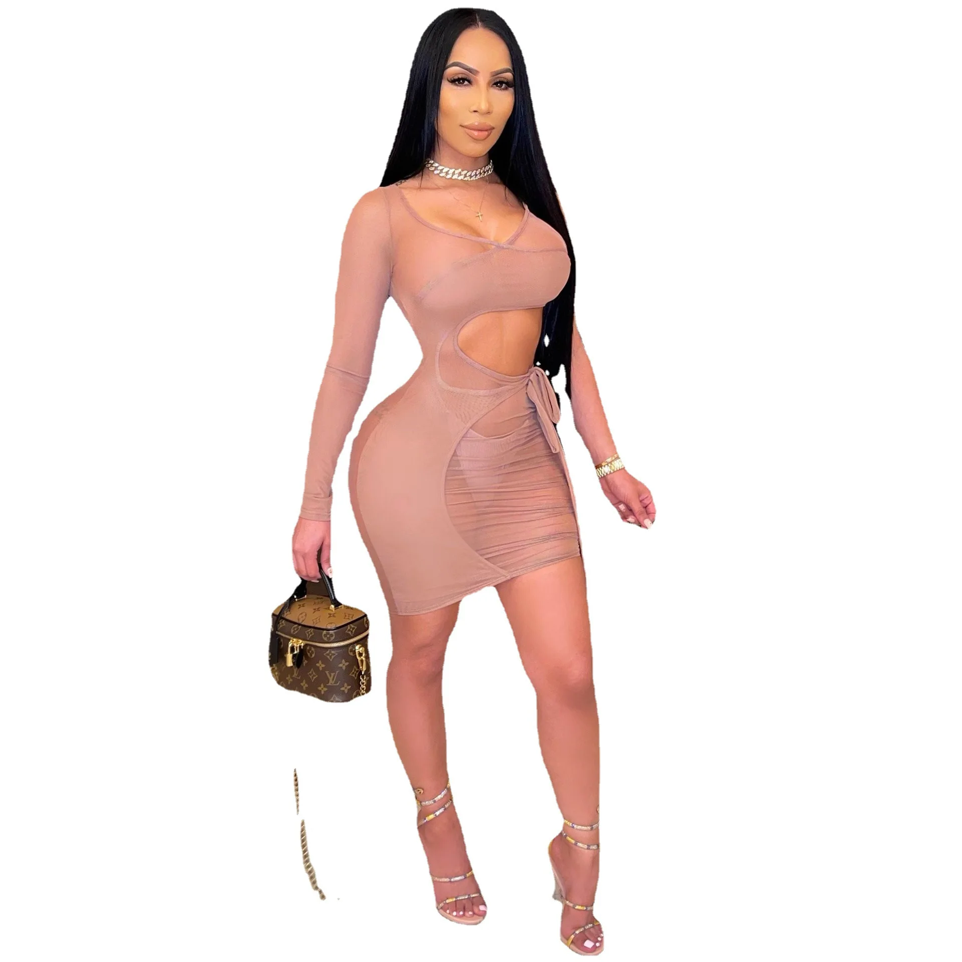 

Women Beach Wear Long Dress Bikini Top Cover Up Sexy False Two 2021 Bind Sleeve Vest Print Polyester Sierra Surfer Summer Tunics