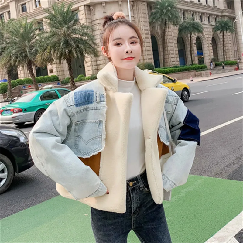 Стильное пальто из джинсовой ткани в стиле пэчворк овечьей шерсти Женская