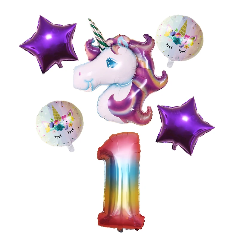 6 шт./лот Розовый Фиолетовый Радужный Единорог шар шары цифры украшения для дня