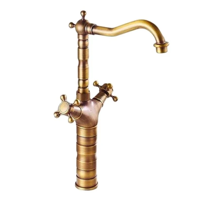 

Смеситель для кухни, античный латунный кран для раковины, двойная ручка, Поворот 360 градусов, высокий носик, Смеситель для холодной и горячей...