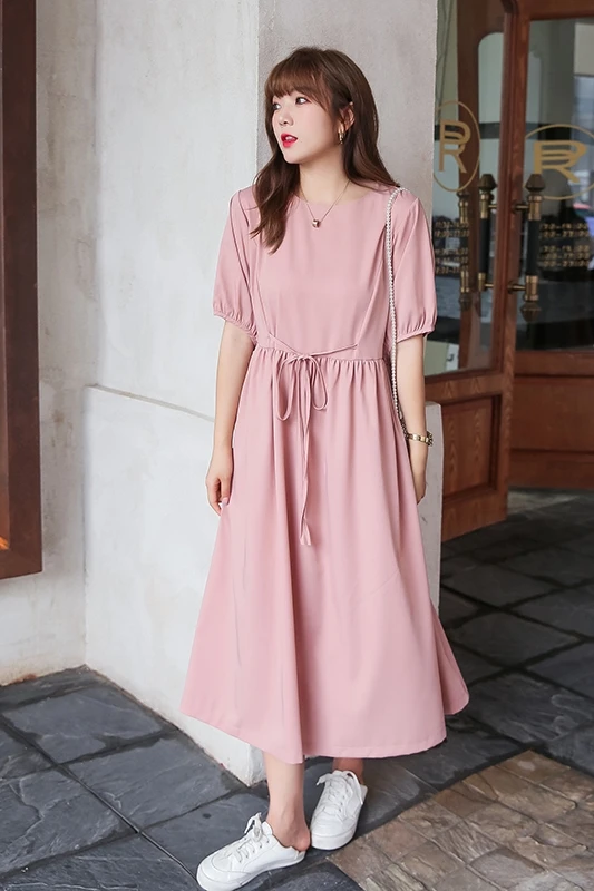 

COIGARSAM 3XL Plus Size Short Sleeve Women dress Loose O-Neck Dresses Pink Blue 591
