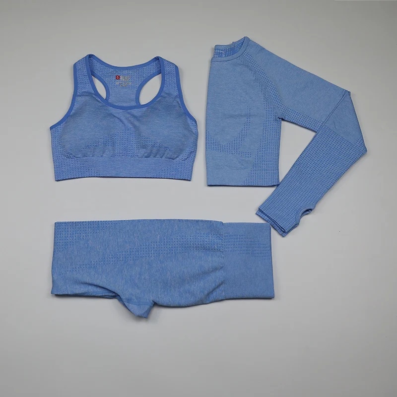 

Seamless Yoga Sets Women Gym Clothes Long Sleeve Fitness Crop Top Sports Bra Sport Leggings 3 Piece Workout Set