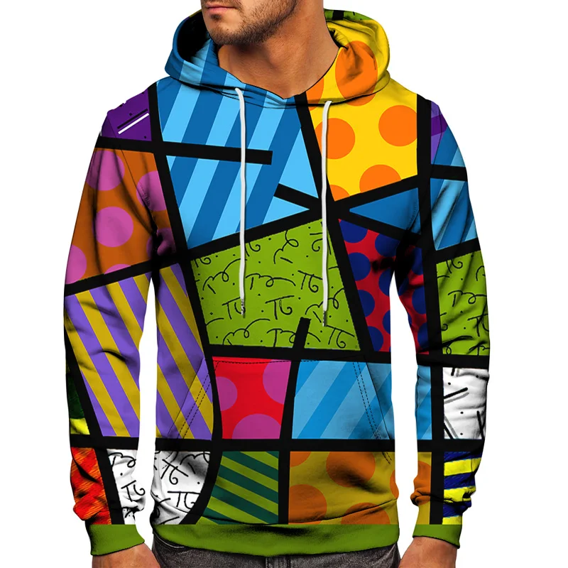 

2021 Autumn Winter New Round Neck Hooded Stripe Sweatshirt Pullover Long Sleeved 3D Colorful Geometric Pattern Classic Tops