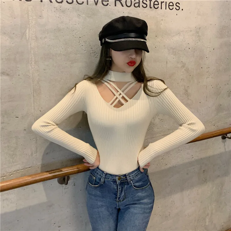 

plus size ladies oversize sweater women autumn winter tops clothes 2020 pullover knitwear cross sexy sweater female A5856
