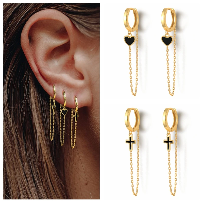 

2021 Black Enamel Crystal Hoop Earrings For Women Sterling Silver Long Chain Earrings Jewelry Heart Star Moon Cross Cat Paw