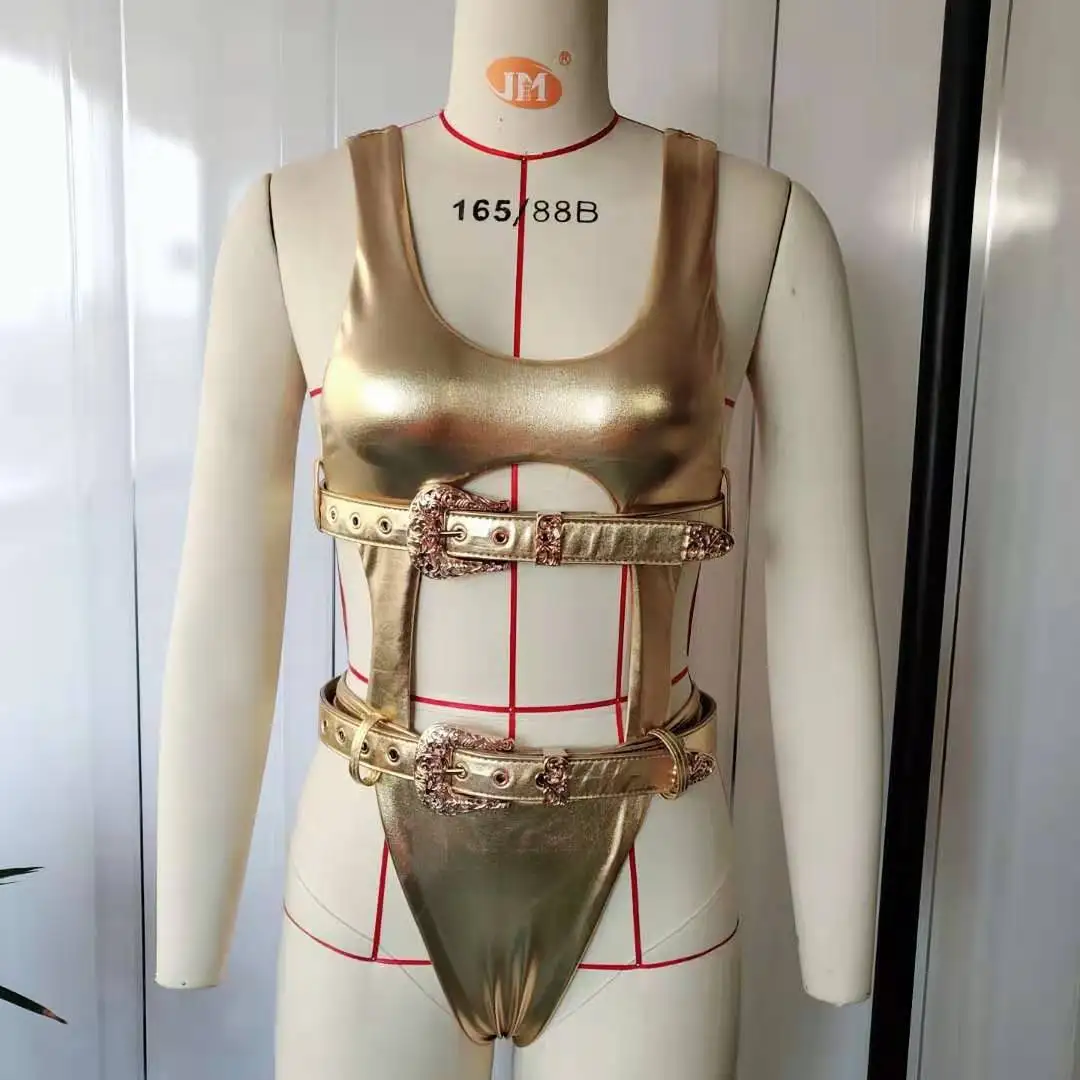 

Women's Leather Swimsuit Sexy Double Belt One Piece Gilded Solid Bikini