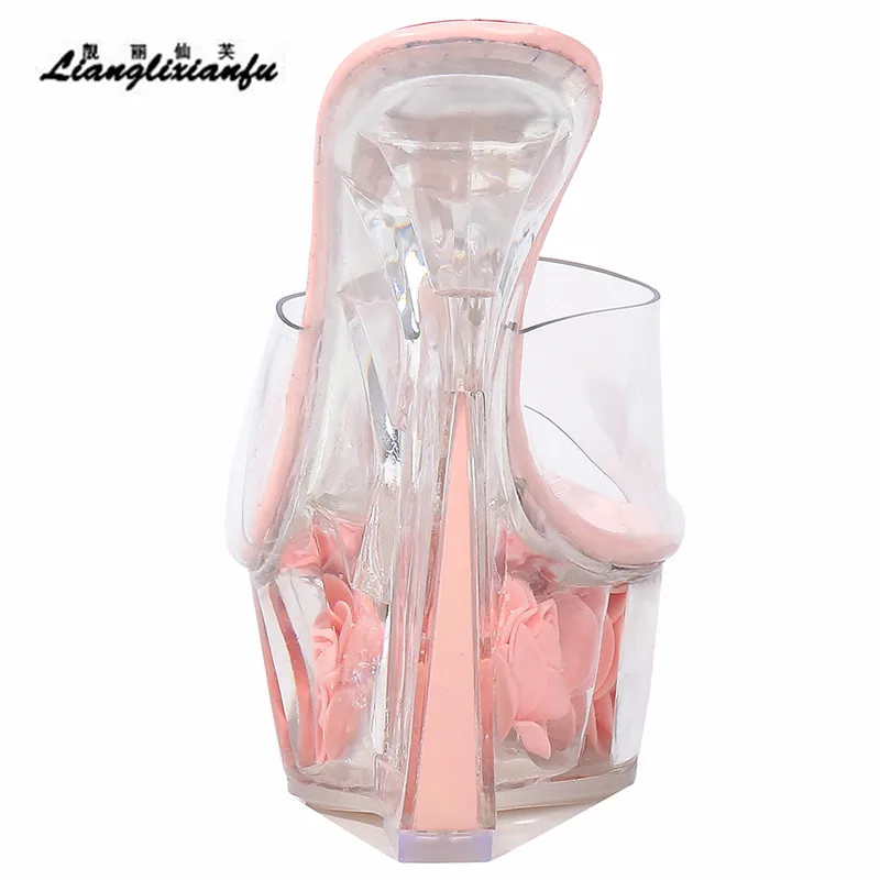 

LLXF Sandals zapatos outside Slipper 14cm High-Heeled Shoes woman wedges Stiletto female transparent Flower Waterproof PVC pumps