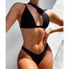 Женский купальник-бикини GNIM, на одно плечо, из двух предметов, с вырезами, пляжная одежда, однотонный купальный костюм, лето 2020