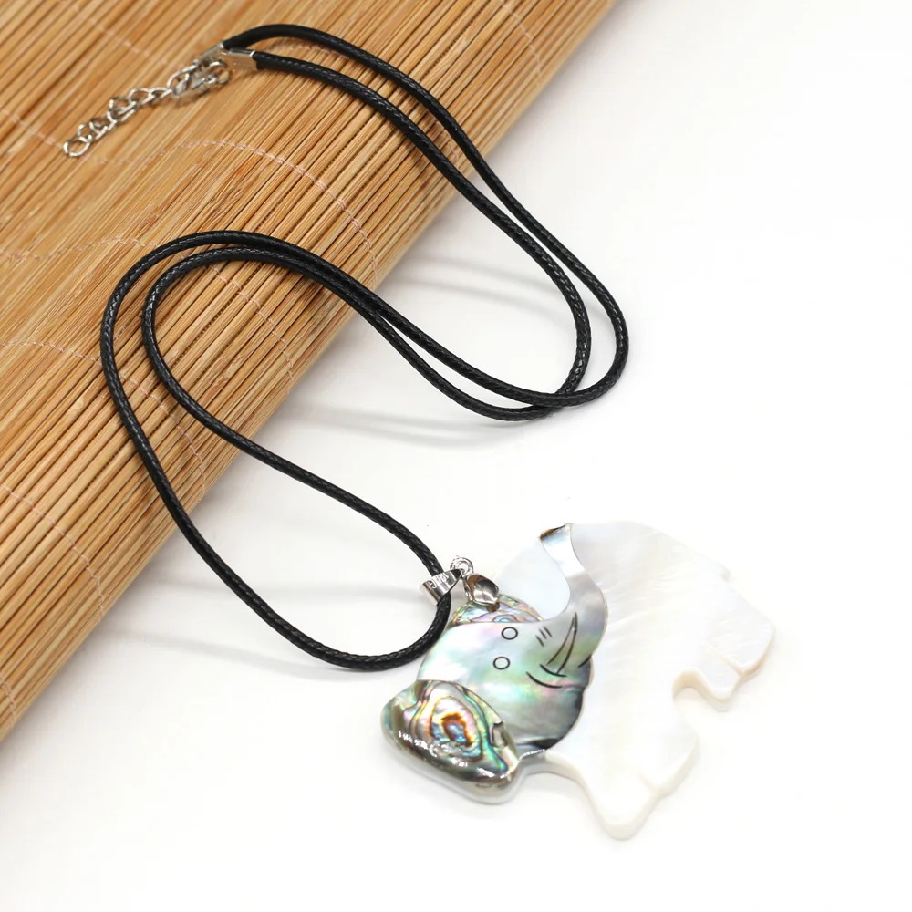 

Natural Elephant Colored Shell Pendant Necklace Fashion Cute Animal Leather Rope Jewelry DIY Charms Necklace for Women Men Gift