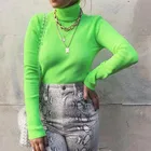 Женская трикотажная одежда в рубчик, неоново-зеленые свитера с высоким воротником, рубашки, Топ с длинным рукавом, приталенная зимняя и осенняя рубашка, пуловер