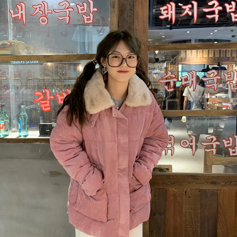 

Lapel Corduroy Down Jacket Warm Thicken Korean Style Woolen Collar Pocket Bandage Sleeve Coat Fashion 2020 Winter Zipper Outwear