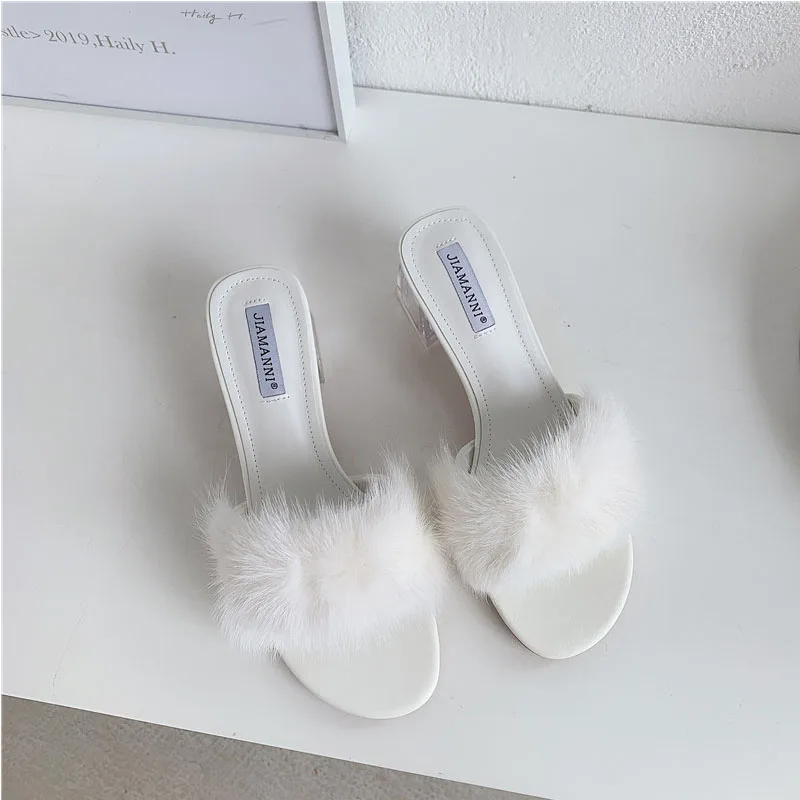 Женские босоножки с натуральным мехом сандалии из меха норки на квадратном