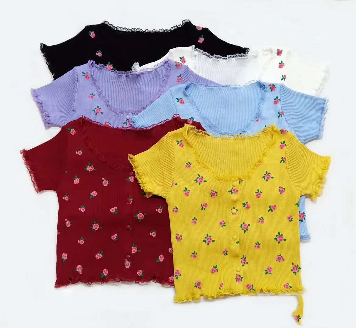 

Lace Knitted Cardigan Crop Top Woman Black White Purple Flower Vintage Sweaters Pink Yellow Cute Short 2021 Summer New T-Shirt