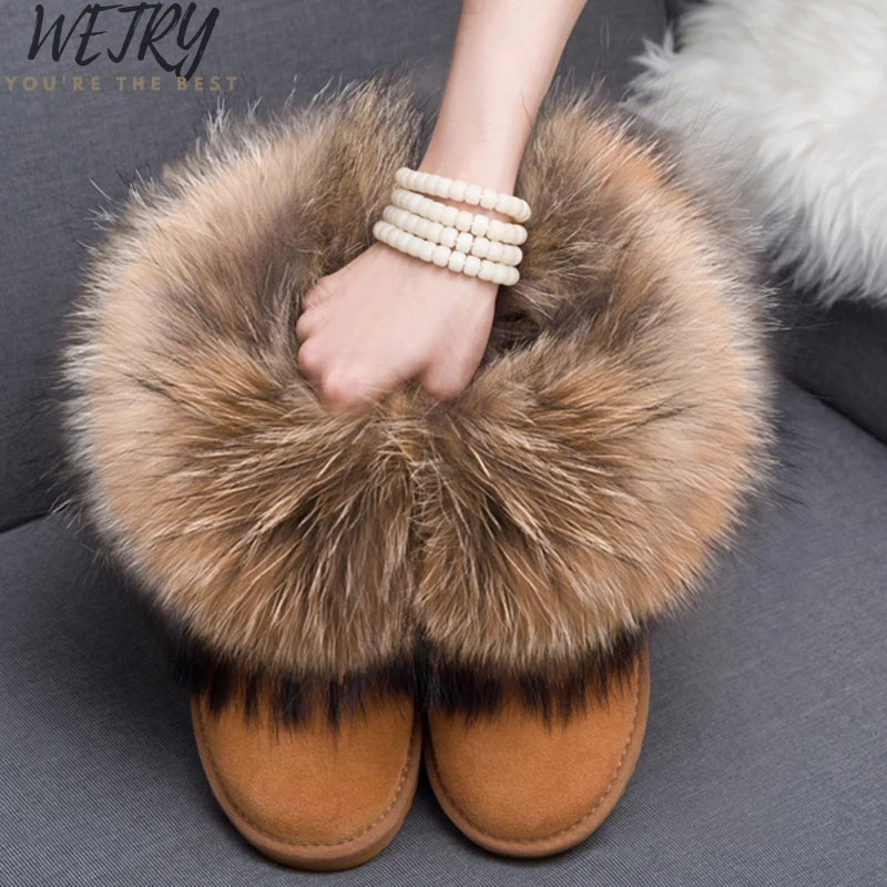 

Women Boots Genuine Leather Real Fox Fur Brand Winter Shoes Warm Black Round Toe Casual Plus Size Female Snow Boots New Arrival