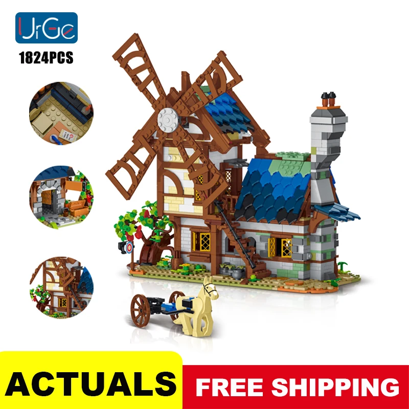 

Retro Medieval Castle Street View Building Blocks 1824pcs Diy Windmill House City Architecture Moc Bricks Educational Gifts Kids