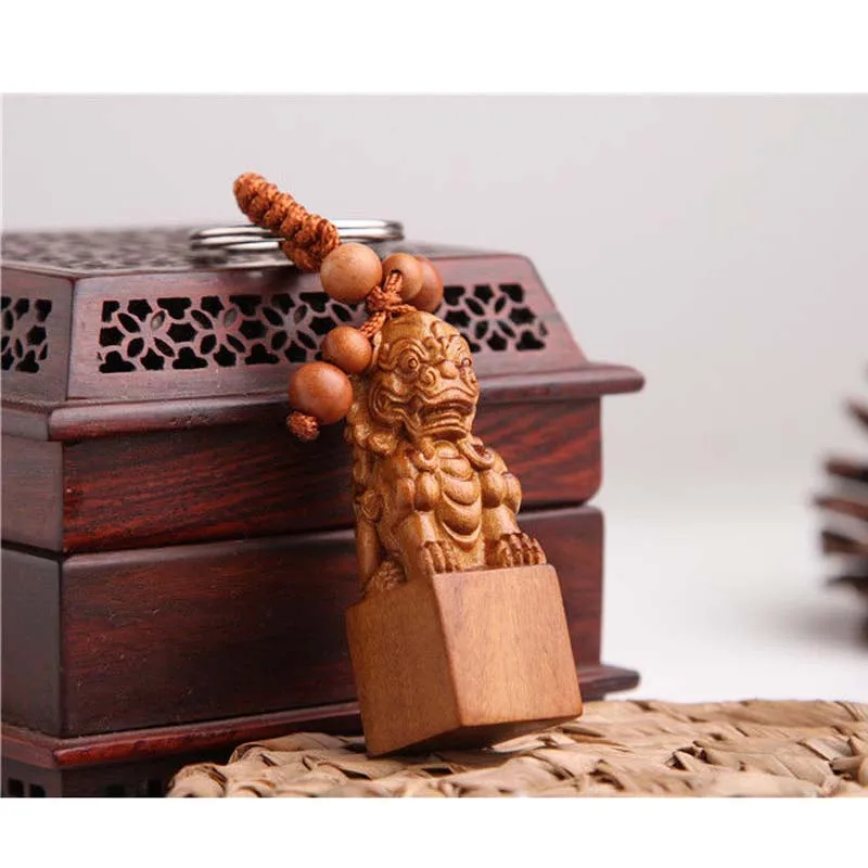

Wood 3D Carved Chinese Lion Foo Dog Statue Sculpture Pendant Key Chain