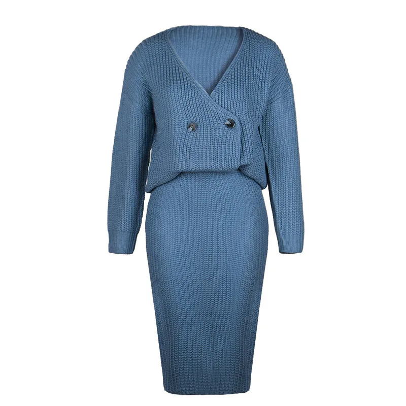 

WEPBEL Women's Casual Solid Knitting Suit Spring Elastic Waist Pencil Skirt + V-neck Cardigan Double Breasted Sweater Suit
