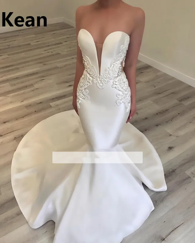 

Strapless Mermaid Wedding Dress Satin Applique Abiti Da Sposa Simple vestido De Noiva Dubai Arabic Robe De Mariee