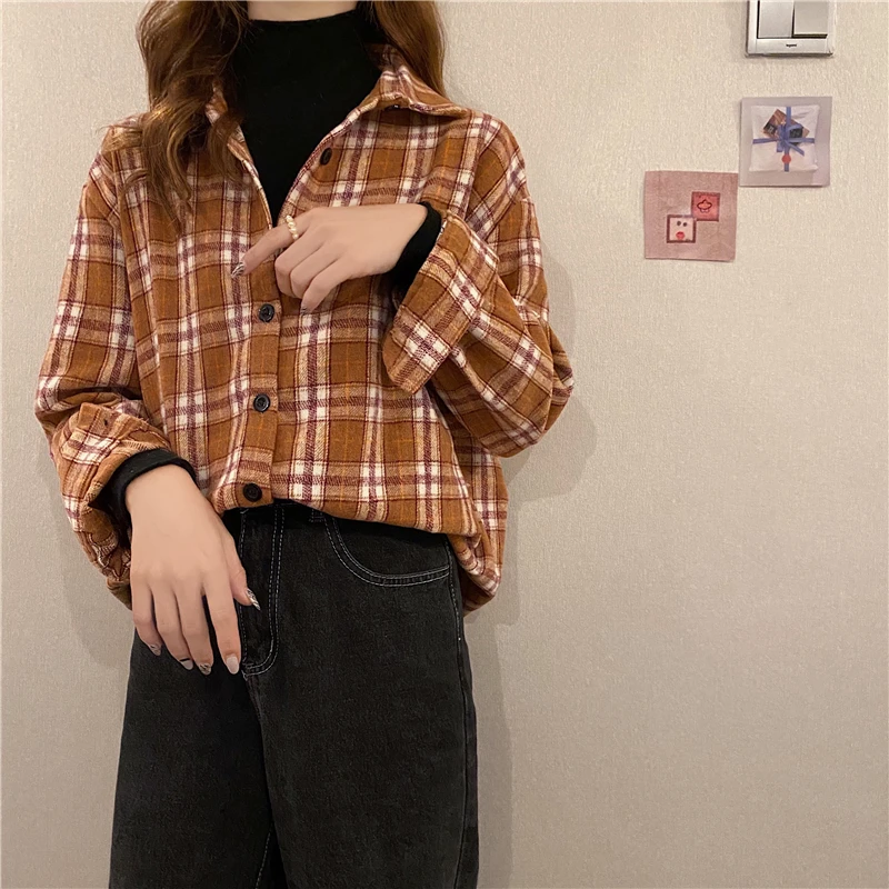 

2021 New Collection Spring Korea Style Casual Loose Lattice Long Sleeve Blouse Women Tops Fashionable