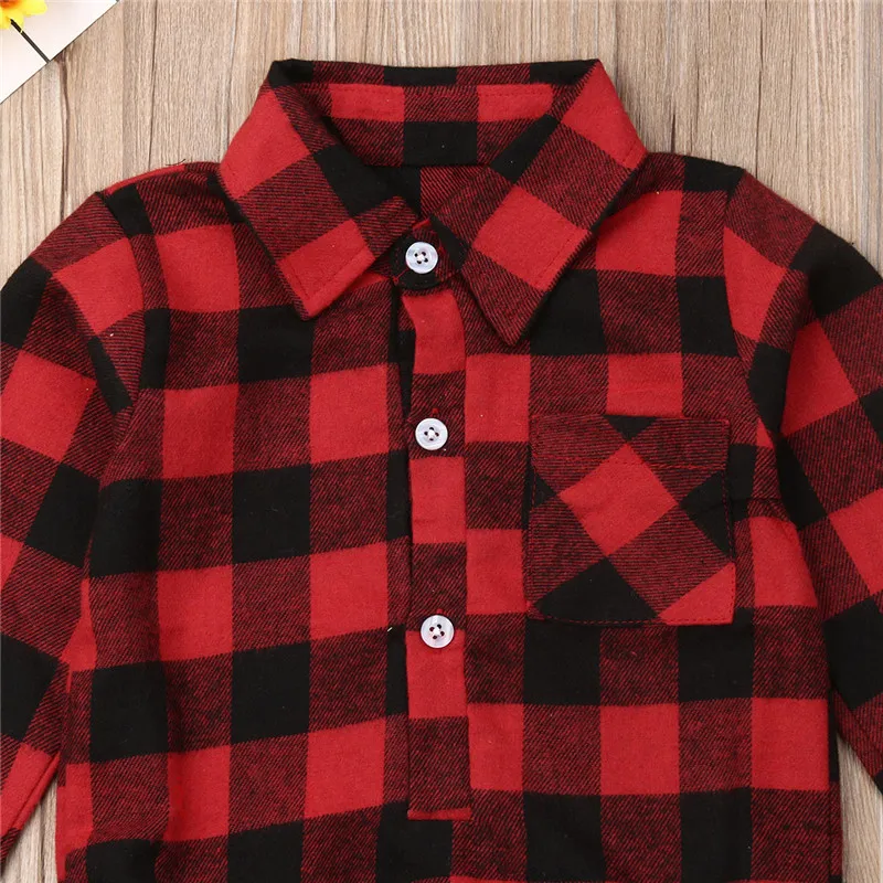 0-24M Christmas Baby Girls Clothes Long Sleeve Red Black Plaid Rompers Back Elk Print Boys Shirt Toddler Xmas Jumpsuits | Детская одежда