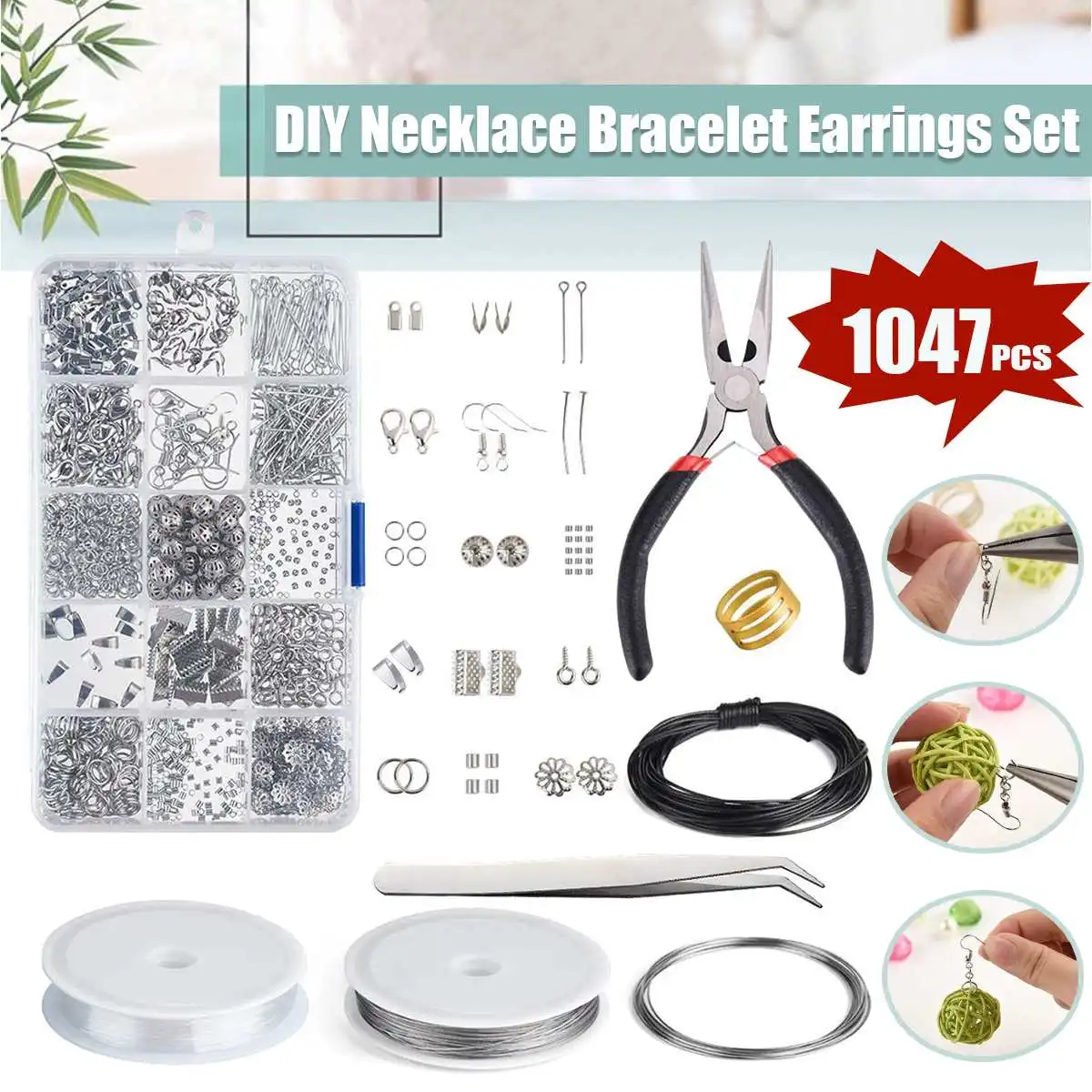 

1 Box Jewelry Making Repairing Starter Kit Set For Earrings Bracelet Necklace Findings DIY Crafting 15 Grids 1047Pcs