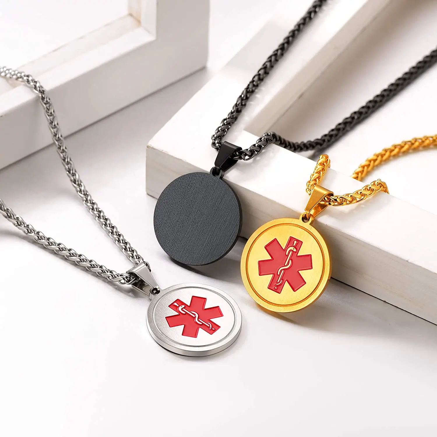 U7 Personalized Message Engraved EMC Tag with Medical Card Medal Medical Alert ID Tag Round Medal Necklace