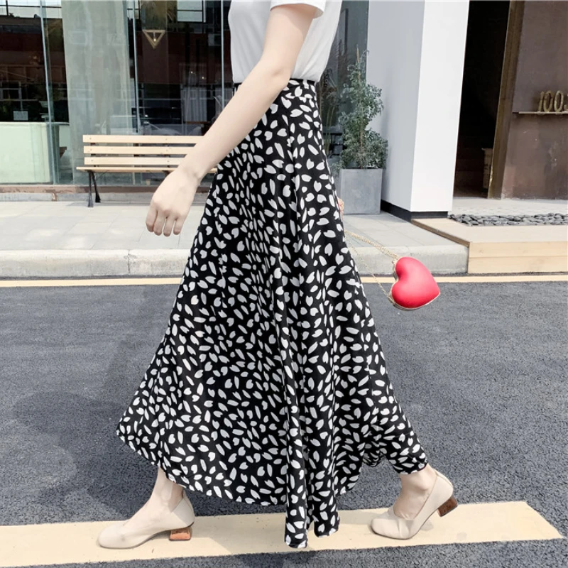 Летние шифоновые длинные юбки в горошек с высокой талией трапециевидные до