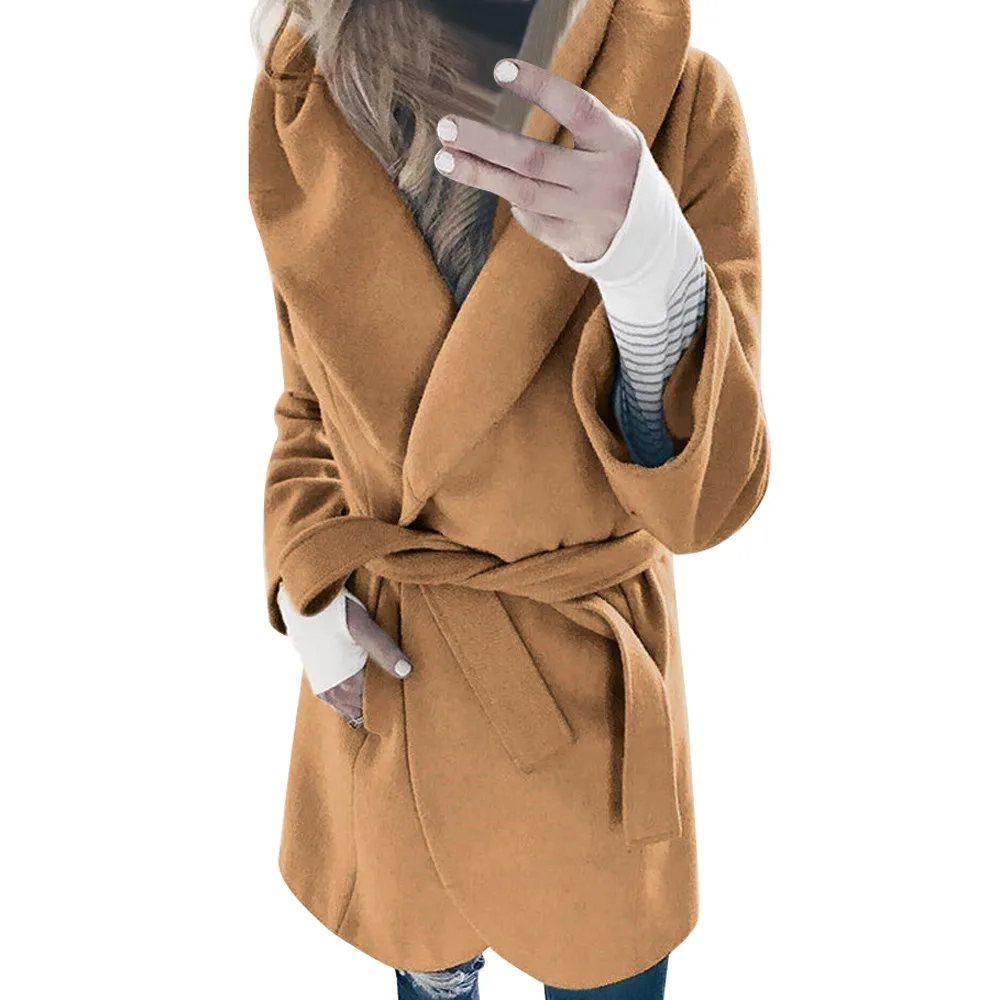 Женское зимнее шерстяное пальто с отворотом Свободный плащ на пуговицах верхняя