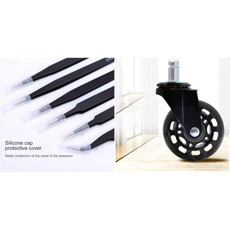 6 Pcs Anti-Static Stainless Steel Curved Of Tweezers & 5 Pcs Office Chair Caster Wheels Roller Rollerblade Style Castor