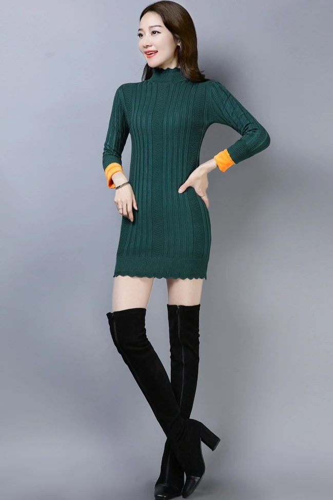 

Winter Casual Long Sleeve Half-high Neck Thick Pullovers Warm Cotton Daily Wear Black Red Green Kaqise Straight Sweaters 3656