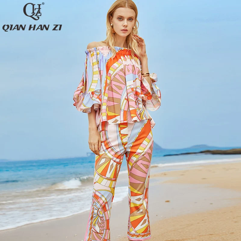 Qian Han Zi designer fashion women Print two-piece set Women Slash neck Loose sleeves Blouse/top+Horn 8 points pants suit set