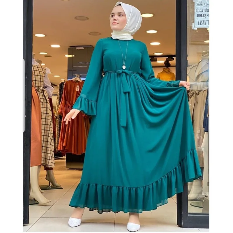 Абаи Дубай мусульманское платье Макси женское шифоновое с оборками Длинные