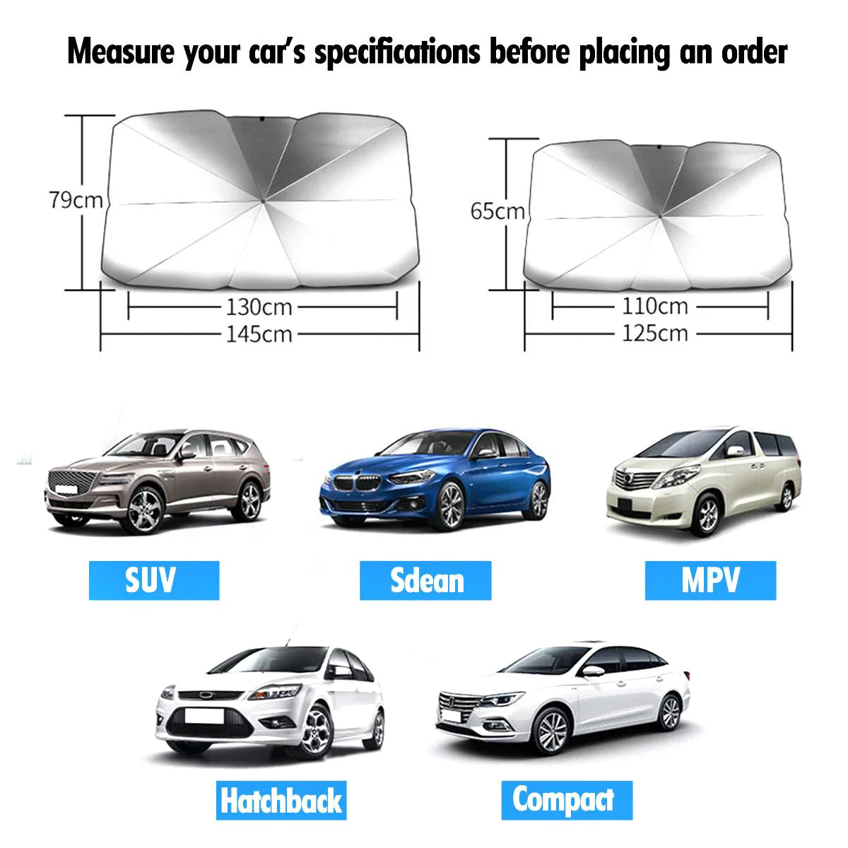 

Size S/L Car Front Window Sunshade Visor Auto Windshield Umbrella Shaped Sunshade Sunblock 65*125cm/79*145cm