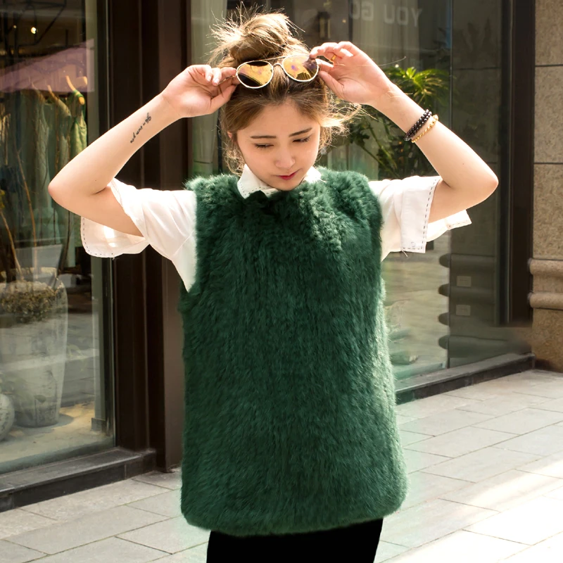 Rabbit fur knit fur coat  autumn and winter mid-length warm vest women's pullover vest vest fur coat