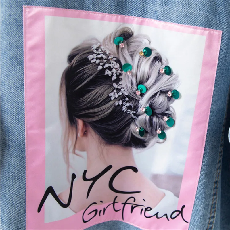 

Autumn New Loose Long sleeve Denim Women Harajuku Student Washed Patch Design Sequin Jeans Jacket Coat Female Streetwear