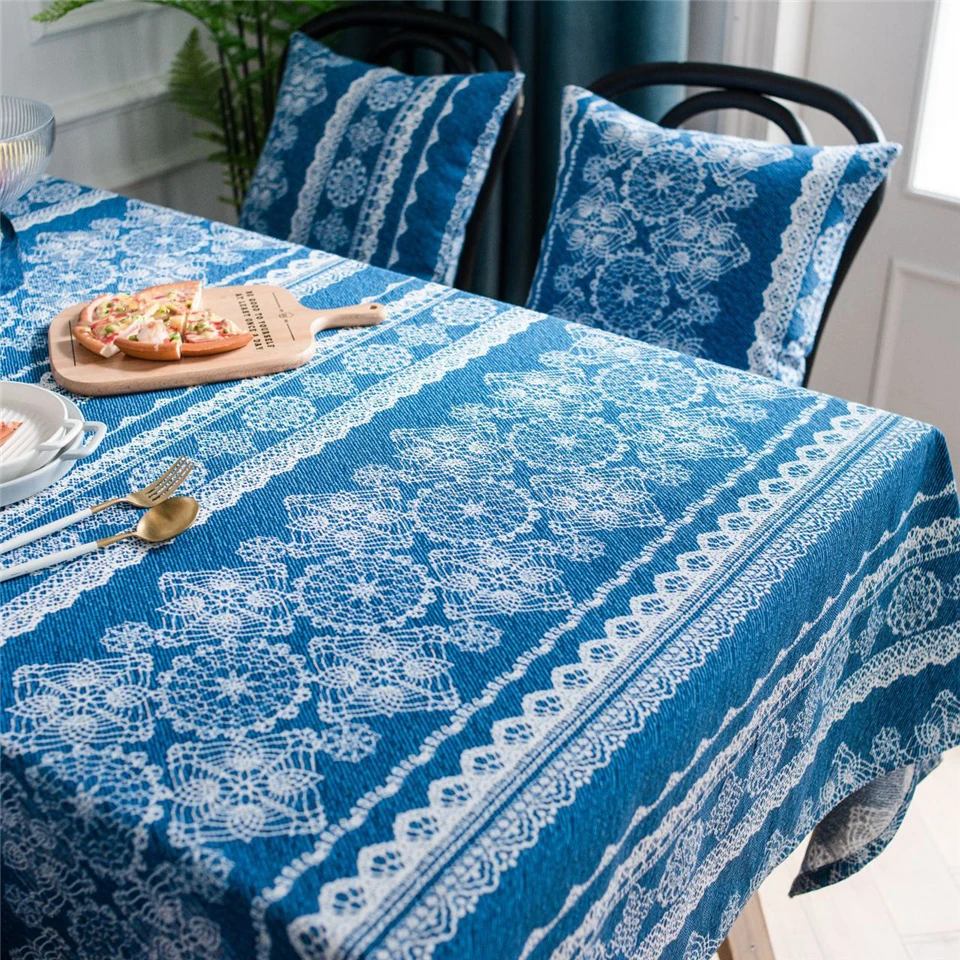 Ретро синяя кружевная Скатерть Прямоугольные скатерти для украшения дома