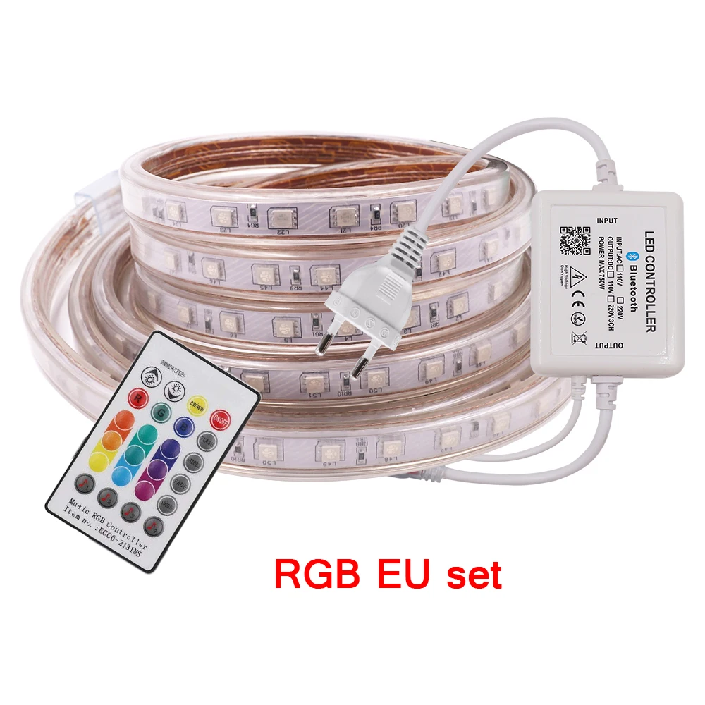 RGB EU set Светодиодный светильник с музыкальной RGB полоской 5050 SMD 220V 110V AC 60 светодиодный 120 светодиодный водонепроницаемый гибкий светильник для украшения дома 24key пульт дистанционного управления - Испускаемый цвет: RGB EU set