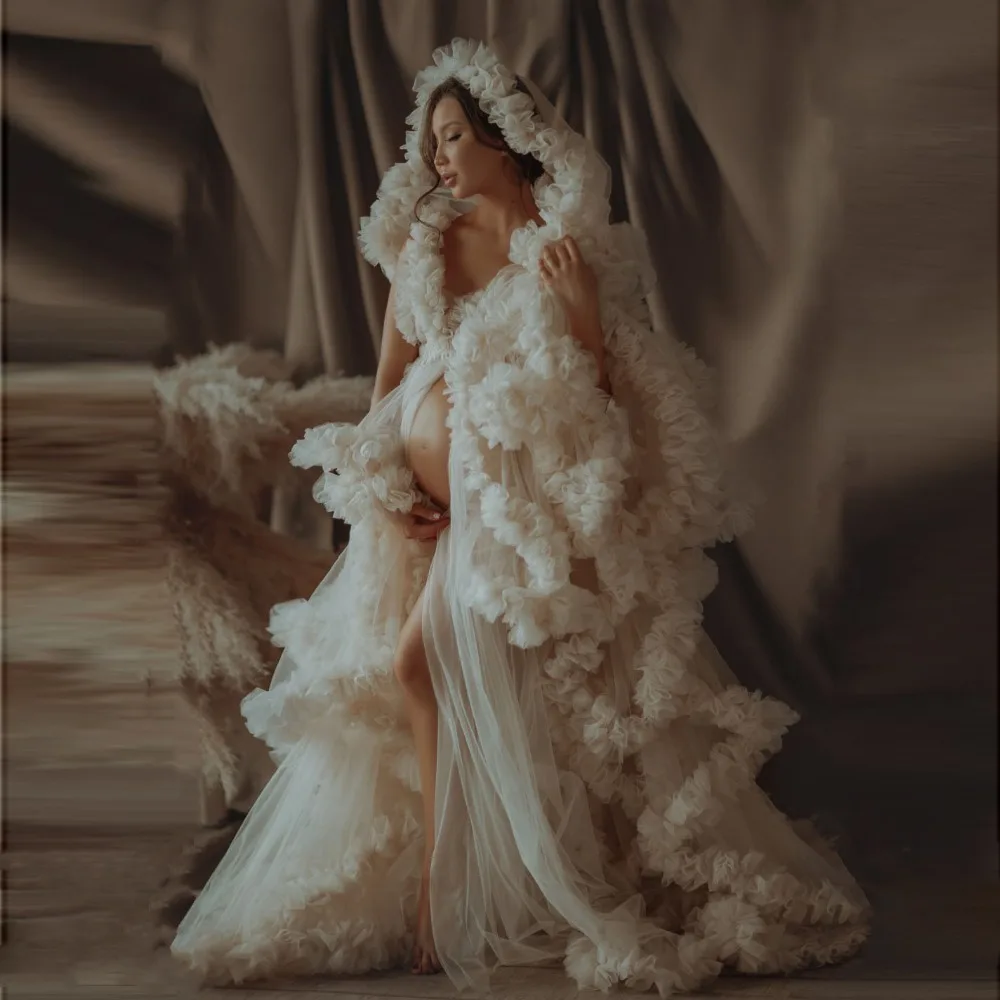 

Luxury Fluffy Tiered Ruffles Tulle Long Robes To Photography See Thru Open Front Mesh Maternity Women Dresses Custom Made