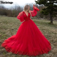 sevintage red long puff sleeves prom dresses ball gown soft dotted tulle lace special occasion dress corset evening party gowns
