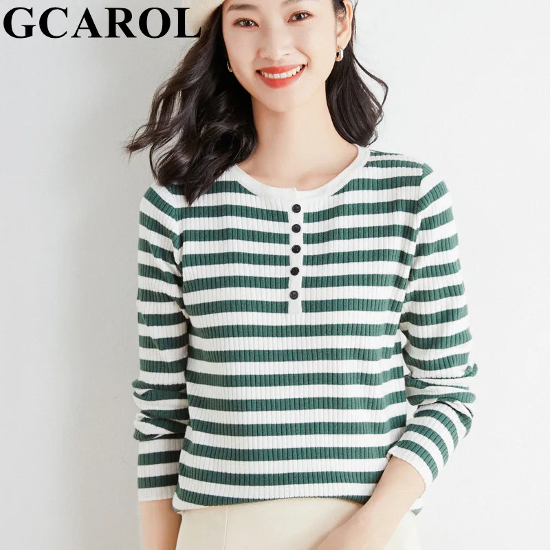 GCAROL Fall Winter Women Stripes Sweaters Buttons Decoration O Neck Jumper Warm Slim Close-fitting Bottomed Knitted Pullover 2XL