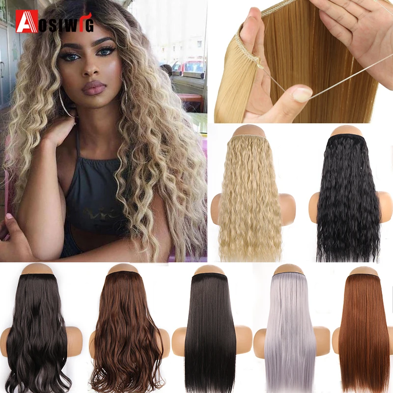 Aosiwig No Clip In Natural Artificial Fish Line Hair Extensions Halo Fake Hairpiece One Piece Synthetic Accessories for Women halo hair extensions no clip in fish line false hairpiece synthetic hair piece colored natural brown black fringe fake hair