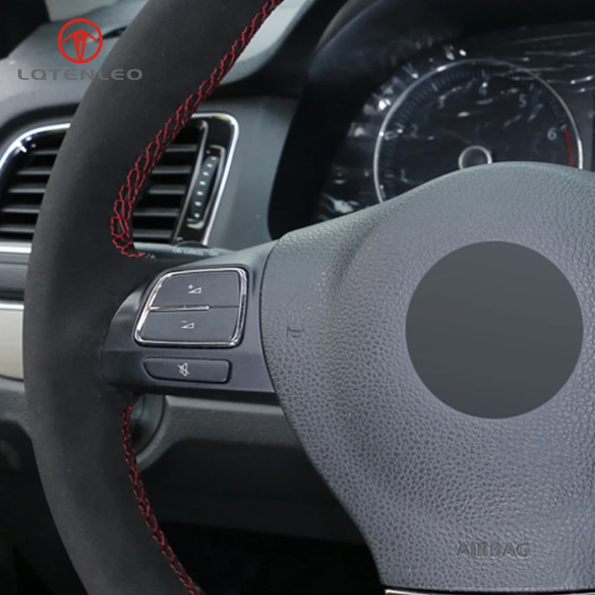 

LQTENLEO Black Suede Genuine Leather Car Steering Wheel Cover for Volkswagen VW Golf Tiguan Passat B7 Passat CC Touran Jetta Mk6