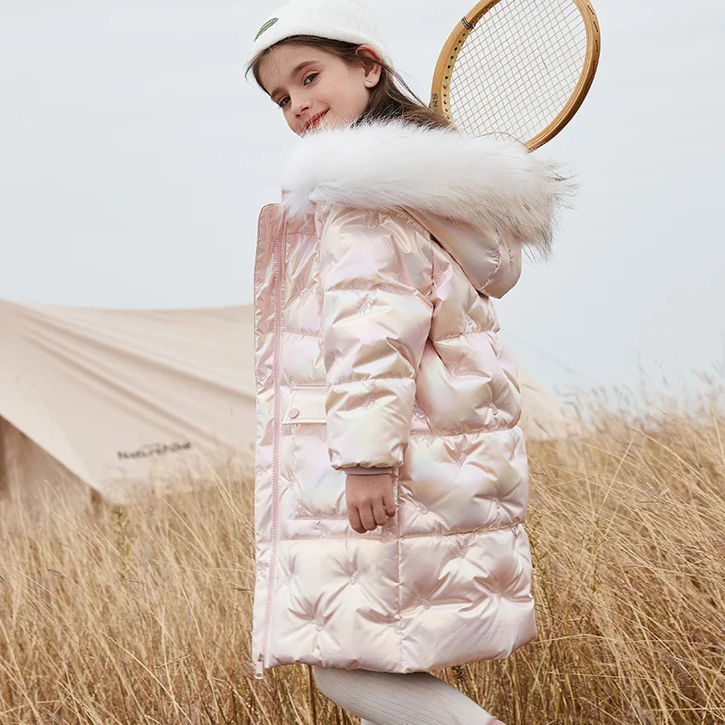Детский пуховик на 90% белом утином пуху одежда для девочек длинное плотное
