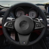 diy hand stitched black genuine leather for bmw z4 2009 2010 2011 2012 2013 2014 car steering wheel cover
