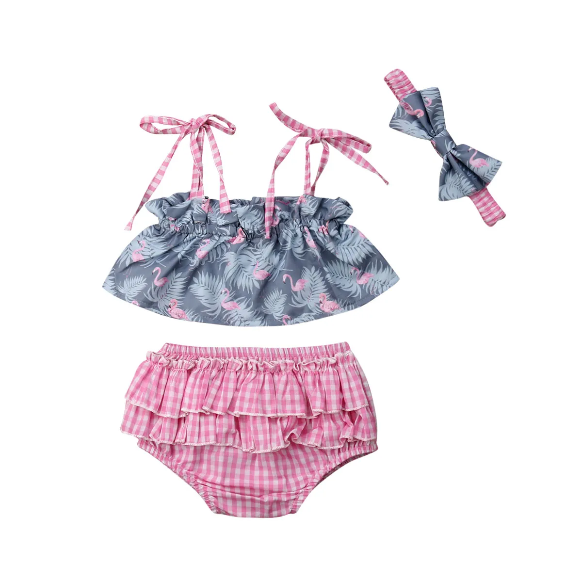 

0-24M Newborn Baby Girls Summer Outfits Cute Toddler Girl Flamingo Pattern Strap Tops Plaids Ruffle Shorts Headband Clothes Set