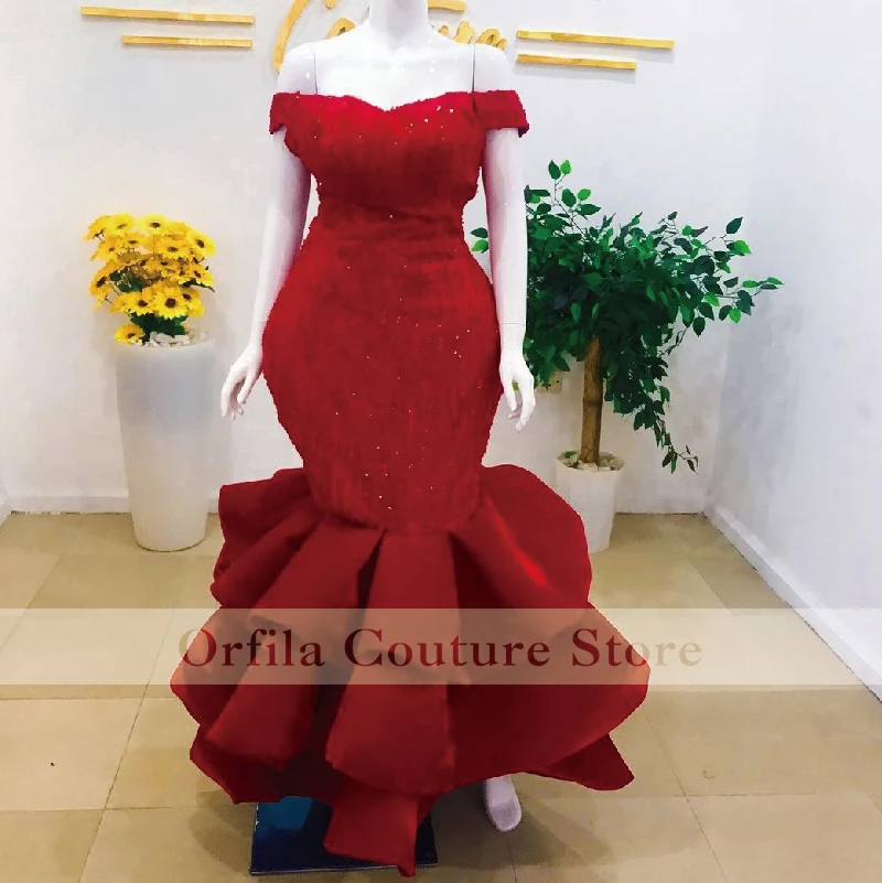 

Платье вечернее с юбкой годе Aso Ebi, с открытыми плечами и бисером, плиссированное, с короткими рукавами, бархатное, для выпускного вечера