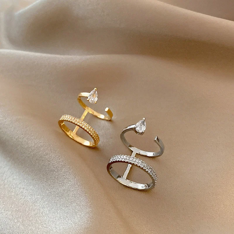 

Fashion Double Layers Rings For Women Personlity Copper Drop Zircon Gold Silver Index Ring Vintage Wedding Jewelry Rings Gifts