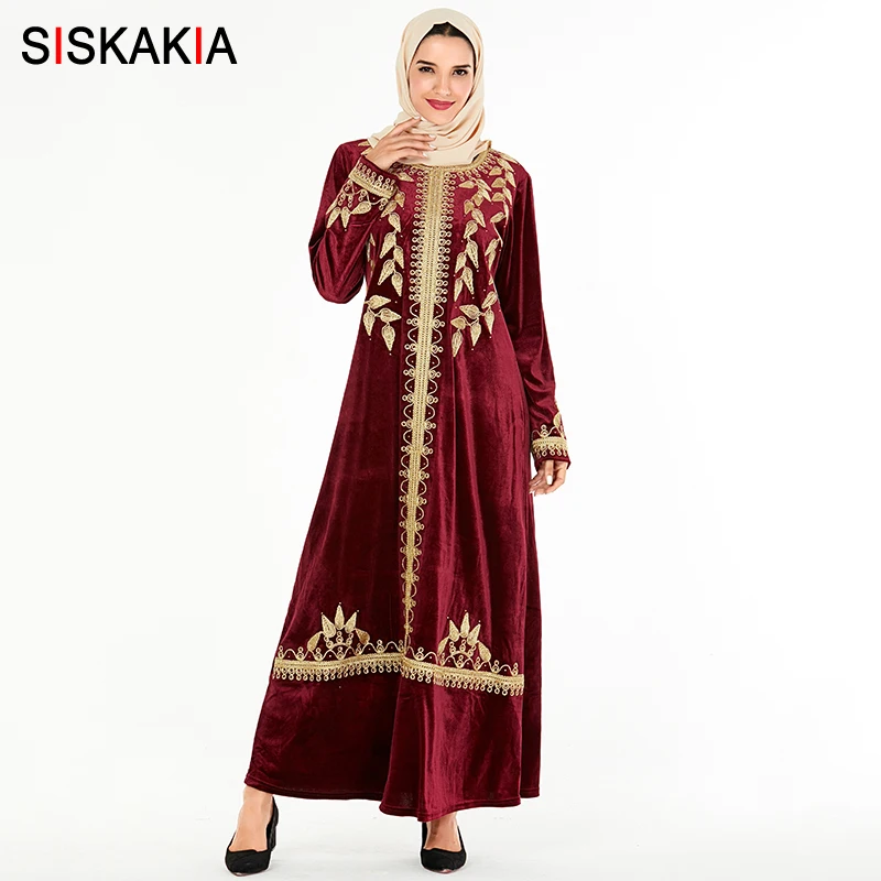 Siskakia арабские платья абайя шикарные Золотые листья Вышивка мусульманское