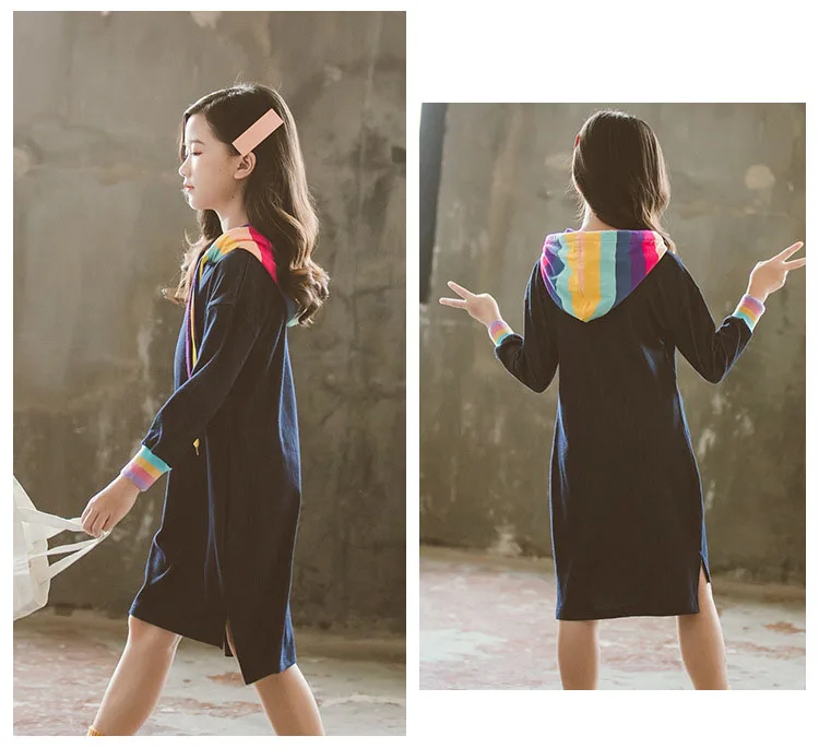Girls denim dress Blue Rainbow Teen Girl Long Sleeve Dresses T Shirts Hooded Autumn Kids Clothing Casual Children Clothes